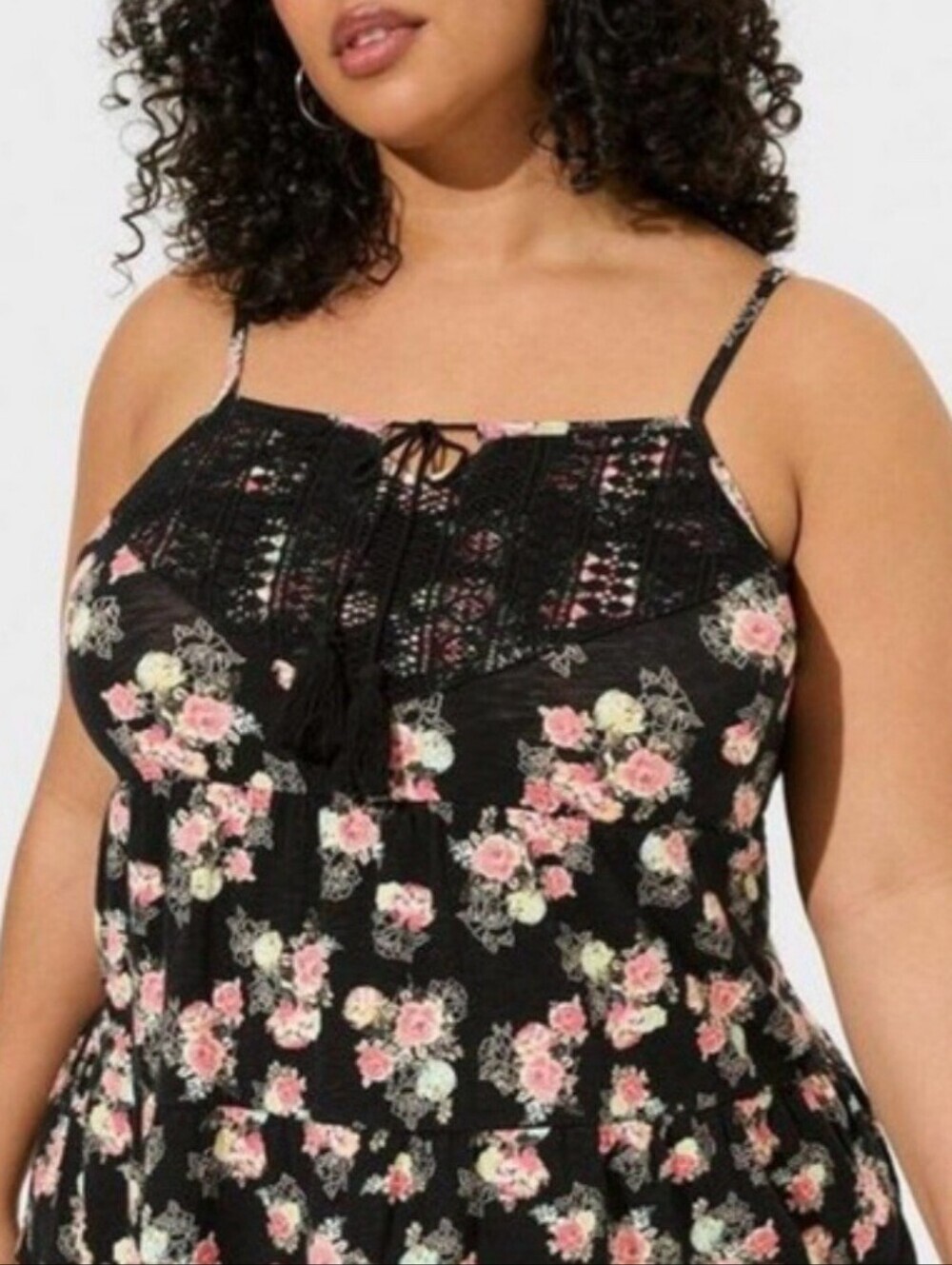 Vintage by Torrid Slub jersey size 1 floral baby doll tank tassled boho Romantic